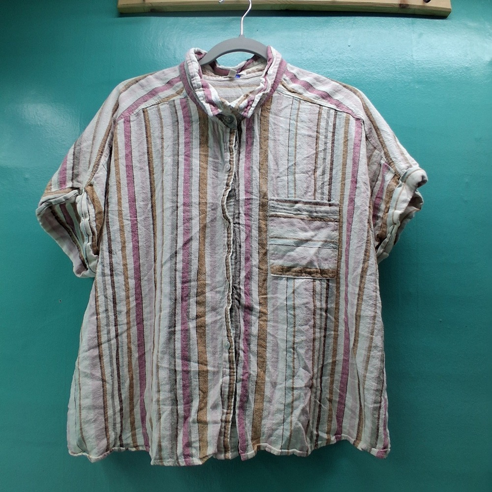 Maurices Striped Linen Blend Top XXL Multi-Color Boho Coastal Short Sleeve